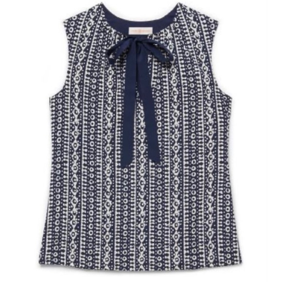 Tory Burch Womens Tank Top Blue White Geometric Sleeveless Tie Neck Lined 10